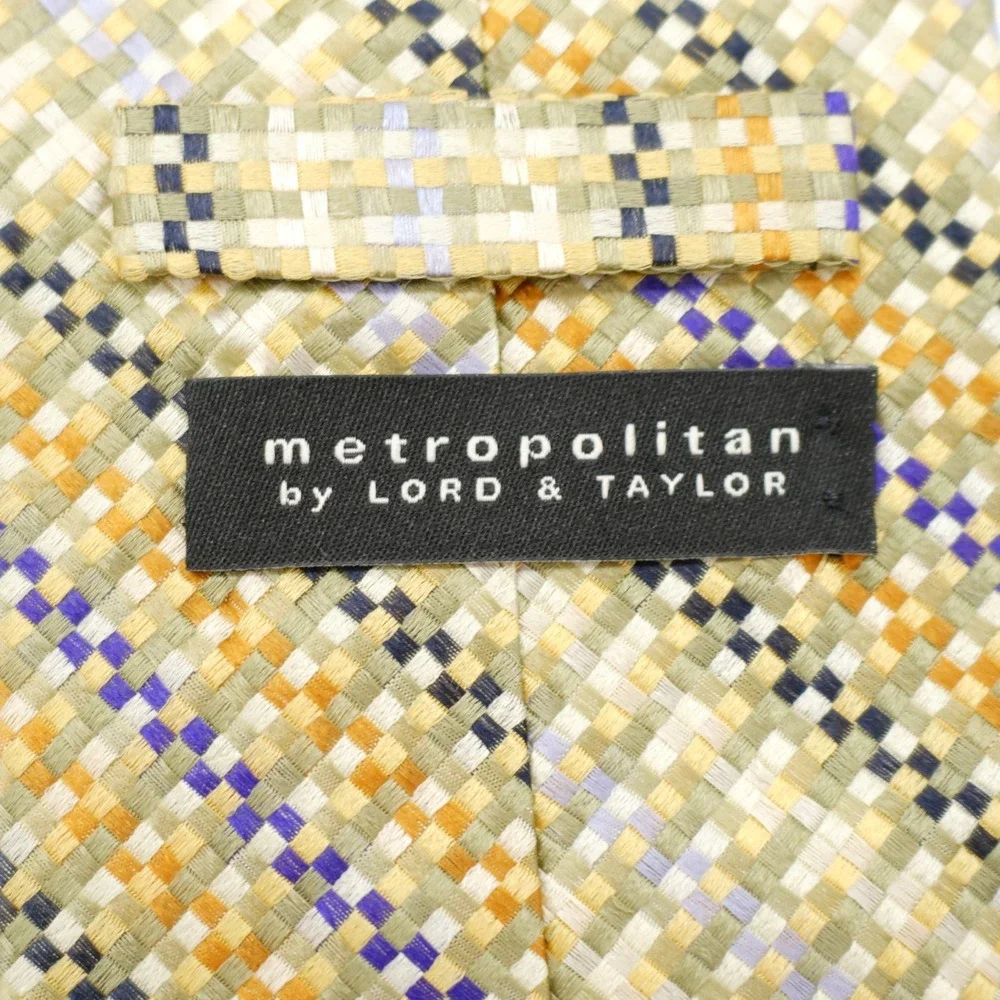 Metropolitan Lord & Taylor Yellow Blue Striped‎ Check Woven Silk Tie Made In USA